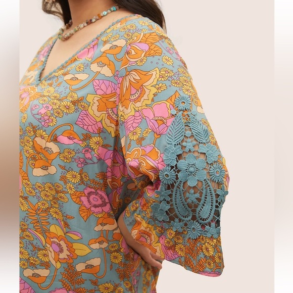 BloomChic Plus Size XL Boho Print Guipure Lace Ruffles Blouse us14-16 - Picture 3 of 8